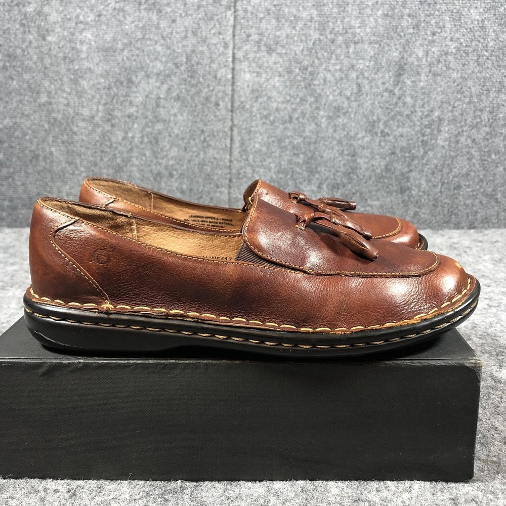 Born Womens 7 Brown Leather Tassel Loafers Slip On Comfort Flats - Picture 8 of 16
